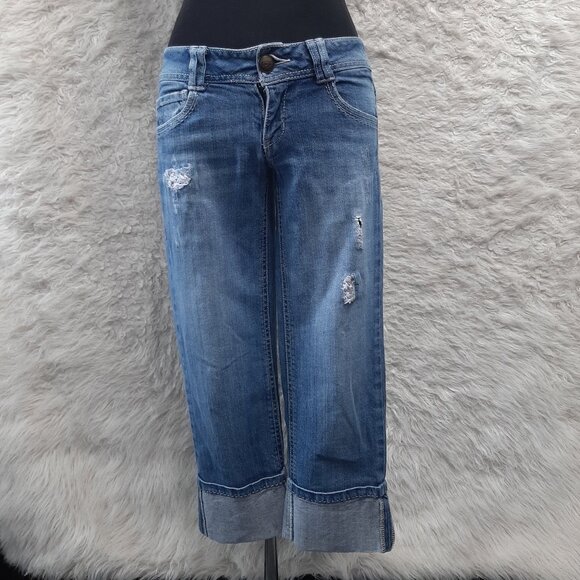 Candie's Women's Blue Low Rise Distressed Cuffed Denim Jeans Size 1 - Picture 1 of 8